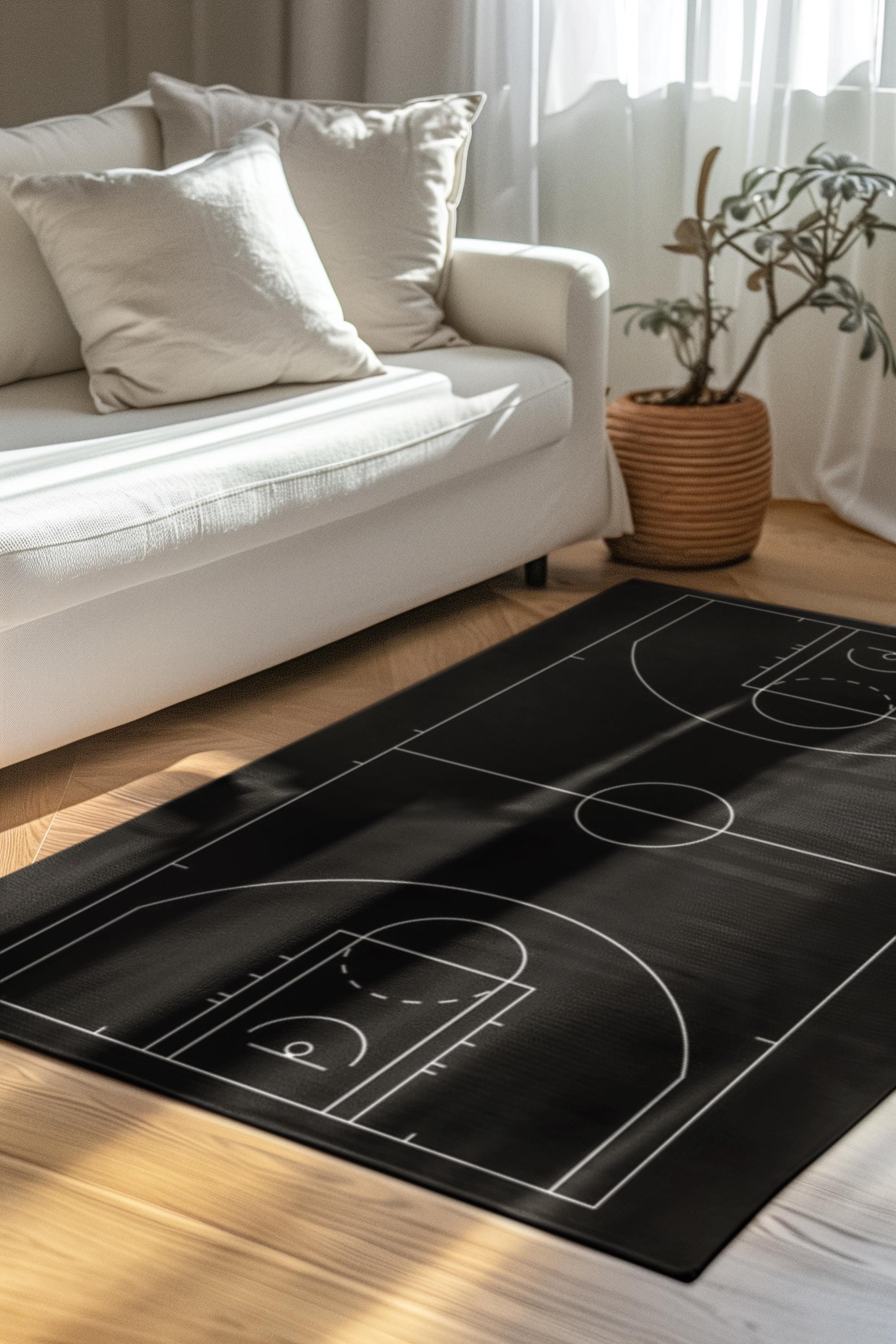 Basketball 3 Point Line Rug Black Basketball Court Rug | Minimalist Sports Area Rug | Modern ...
