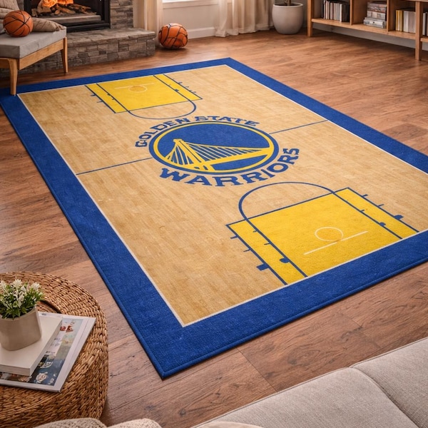 Golden State Warriors Basketball Court Rug | NBA Hardwood Floor Design Sports Decor