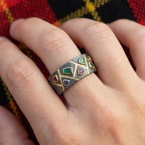 Oxidized Sterling Silver Gemstone Ring, 18k Gold Inlay, Artisan Jewelry