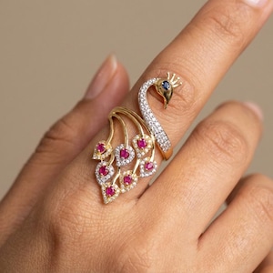 Elegant Peacock Ring with Ruby and CZ Diamond Accents, Gold Plated Statement Ring