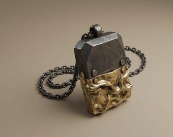 Brutalist Messing Edelstahl Anhänger Halskette, Industrielle Strukturierte Charme, Chunky Kette Zubehör