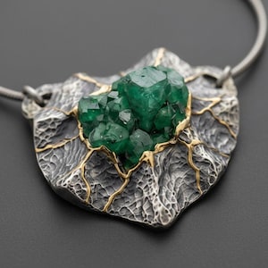 Rohe Smaragd Kintsugi Halskette, oxidierter Silber Anhänger, Handwerker Statement Schmuck Bild 2