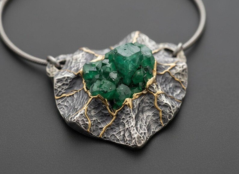 Rohe Smaragd Kintsugi Halskette, oxidierter Silber Anhänger, Handwerker Statement Schmuck Bild 2