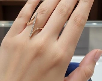 14K Rose Gold Vermeil CZ Diamond Bar Ring | Minimalist Open Ring