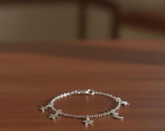 Sterling Silver Moon and Star Charm Bracelet | Celestial Jewelry