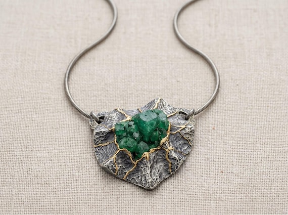 Raw Emerald Kintsugi Necklace, Oxidized Silver Pendant, Artisan Statement Jewelry