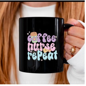 Coffee Nurse Repeat Mug, Black Coffee Mug for Nurses, Cute Gift for Healthcare Workers, Nurse Appreciation, Fun Coffee Lover Gift