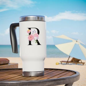 Personalized Floral Initial Travel Mug, Stainless Steel Cup, Coffee Tumbler with Handle, Customizable Gift, Floral Design