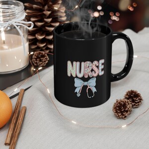Nurse Black Mug with Bow Design, Funny Coffee Cup for Nurses, Gift for Medical Professionals, Nurse Appreciation, Healthcare Gift