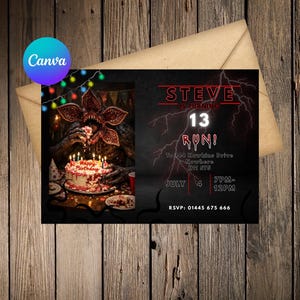 May include: A birthday invitation with a dark theme. The invitation features the text "STEVE is turning 13 RUN!" and includes the date, time, and RSVP information. A monster is eating a birthday cake.