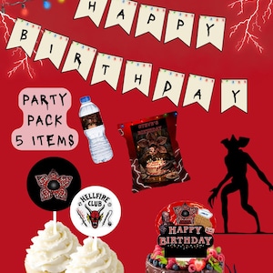 May include: A red birthday party pack with a banner that says "Happy Birthday". The pack includes cupcakes, a cake, water bottle, and other themed items. The theme is a popular science fiction show.
