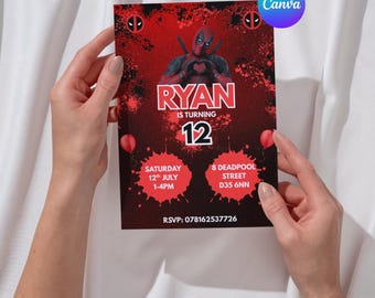 Könnte beinhalten: Rote und schwarze Geburtstagseinladung mit einer Grafik von Deadpool. Die Einladung lautet "Ryan wird 12" und enthält Datum, Uhrzeit und Adresse der Party. RSVP-Informationen sind ebenfalls enthalten.