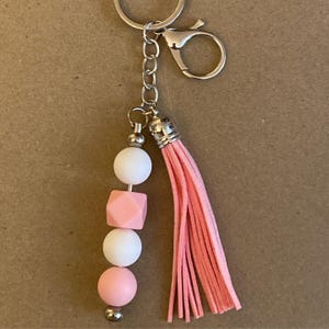 Tasseled Keychain  Light Pink Tassel  Light Pink and White Beads