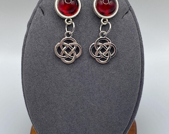 Celtic Knot Earrings with Red Stone