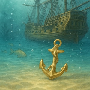 May include: An underwater illustration featuring a golden anchor in the foreground, with a wooden ship in the background. Bubbles float upwards in the turquoise water. Two fish swim near the ship, and the ocean floor is sandy.