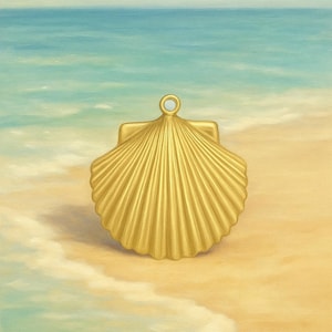 May include: A golden seashell pendant with a textured surface, set against a beach scene. The pendant has a loop at the top for a chain. The background features a sandy beach, ocean waves, and a blue sky.