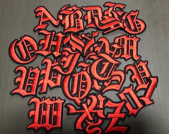 Roman Style A-Z Letters with Black Border  Blood Red Embroidered Iron On Patches for Jackets, Bags, Caps - Gothic Alphabet Applique DIY
