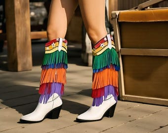 Handmade Rainbow Fringe Cowboy Boots: Knee High Western Cowgirl Boots