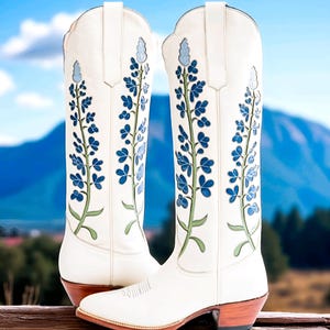 Handmade Women’s Mid-Calf Cowboy Boots | Embroidered Blue Wide-Calf Boots | Comfortable & Stylish Western Boots for Women