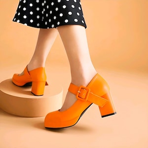 Handmade Orange Platform Pumps: Square Toe Buckle, Mary Jane Heels