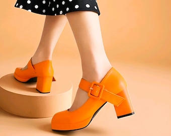 Handmade Orange Platform Pumps: Square Toe Buckle, Mary Jane Heels