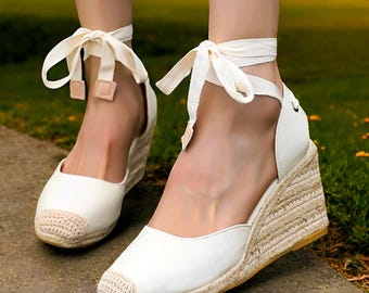 Sandales espadrilles compensées à lacets faites main - bride cheville d'été