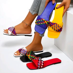 Handmade Braided Flat Slides for Women | Casual Square Toe Slippers | Comfy Indoor Outdoor Mules | Everyday Slip-On Sandals