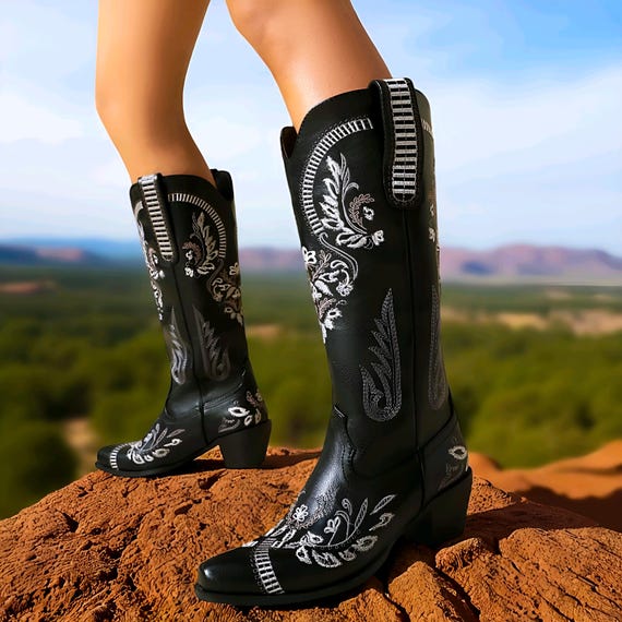 Handmade Embroidered Over-the-knee Cowgirl Boots: Black  display picture 2