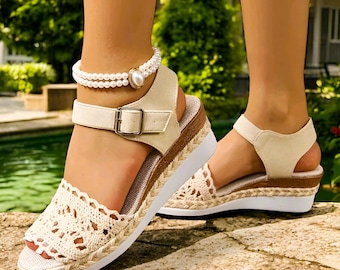 Handmade Espadrille Wedge Sandals – Peep Toe Crochet Ankle Strap