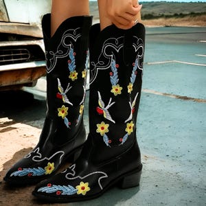Handgemaakte retro geborduurde westerncowboylaarzen voor dames – PU-leer, dikke hak, instappers tot halverwege de kuit
