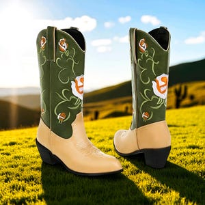 Handmade Plus Size Women’s Embroidered Cowboy Boots | Floral Green & Beige Cowgirl Knee-High Boots | Chic Winter Fashion Footwear
