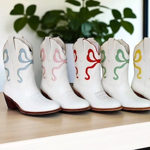 Handmade Women’s Pink Mid Calf Cowgirl Boots with Bow | Comfy Plus Size Cowboy Boots | Trendy Western Style for All Sizes