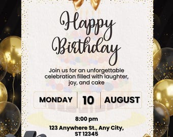 Elegant Gold  Birthday Invitation Template, Printable Birthday Party Invite, Modern Celebration Announcement, Instant Download