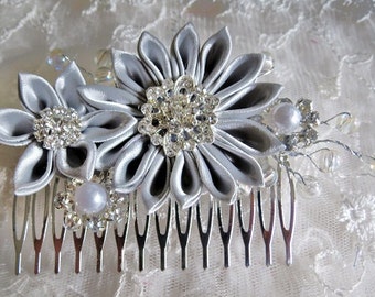 Kanzashi Flower  Haircomb Hair Fascinator Grey Color Satin Ribbon with Pearl Spray and Rhinestone