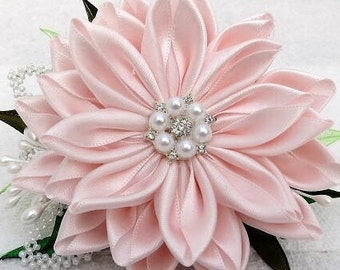 Soft Pink Kanzashi Ribbon Flower Hair Accessories Bridal Flower Hairclip