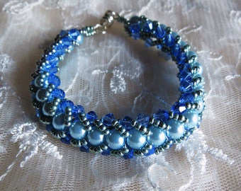 Bracelet   Beaded Bracelet  Handmade Bracelet   Women Bracelet   Flat Spiral Bracelet in Blue Colored Glass Pearls