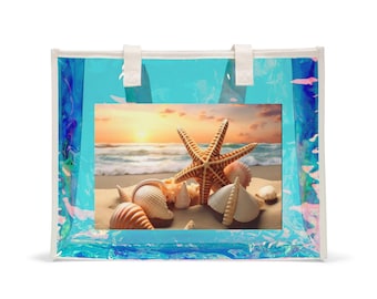 Torba plażowa Seashell Sunset Beach Tote Bag | Holograficzna przezroczysta torba plażowa