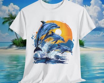 T-Shirt mit Delfin-Sonnenuntergangsmotiv, Strand-Look, Sommerkleidung, Geschenk für Meeresliebhaber, Unisex-Freizeitshirt, Urlaubsbekleidung