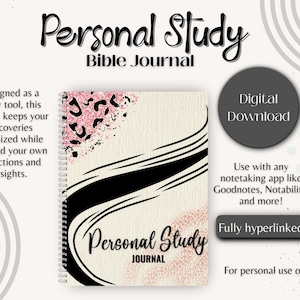 Peut inclure: Journal de Bible numérique avec une couverture crème, un motif léopard noir et rose et les mots "Personal Study Bible Journal". Conçu pour organiser les découvertes et les réflexions, il est entièrement hyperlié. Téléchargement numérique.