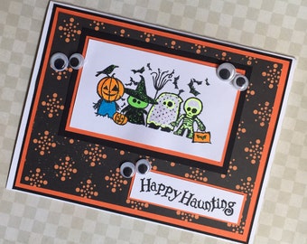 Happy Halloween Greeting Card - Pumpkin Witch Ghost and Skelaton Handmade Paper Card for Kids or Adults