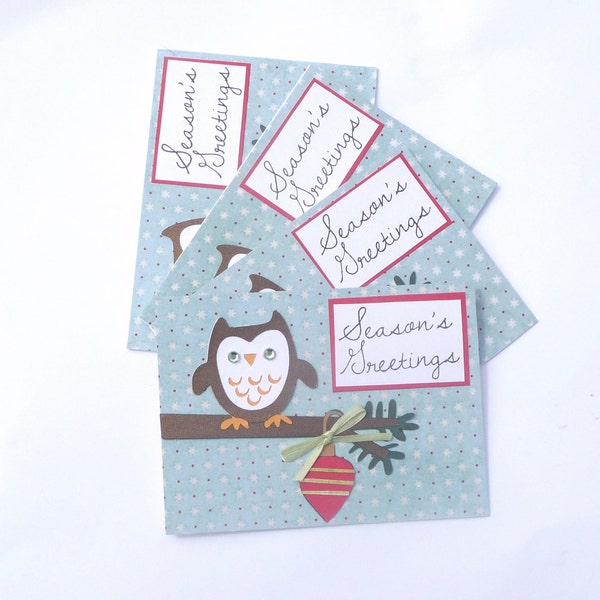 Seasons Greetings Owl Christmas Cards - Set of 4 Handmade - BUY more and SAVE