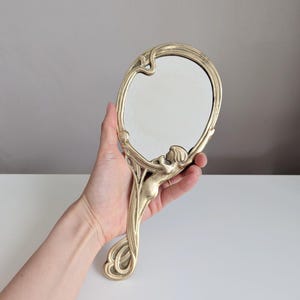 Antique Art Nouveau Brass Lady Hand Mirror,  Magnifying Vanity Mirror