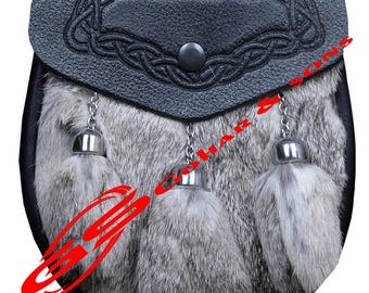 Kilt Sporran in pelliccia grigia fatto a mano: Sporran in pelle scozzese con patta celtica