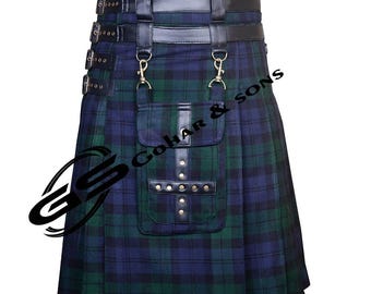 Handmade Black Watch Tartan Utility Kilt: Scottish Highland Wear