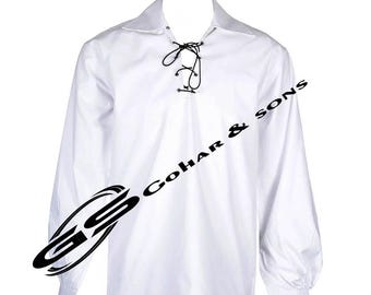 May include: White long-sleeve shirt with a lace-up neckline and buttoned cuffs. The shirt has a classic collar and a loose fit. The text "Gohar & Sons" is printed on the shirt.