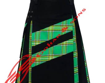Może przedstawiać: Czarny kilt z zielono-żółtymi akcentami w kratę. Kilt ma ukośny wzór i jest wykonany z wytrzymałej tkaniny. Tekst "Gohar Sons" jest widoczny z boku.