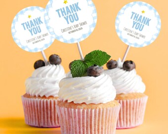 Niebieska, okrągła i kwadratowa zawieszka na baby shower z nadrukiem w kratkę gingham, szablon naklejki na przyjęcie do druku, możliwość natychmiastowego pobrania, BLG