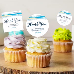 Coastal Wedding Favor Tags: Round & Square, Editable Seascape Stickers (Digital Download, Corjl Template), Seascape2