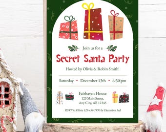 May include: A Christmas-themed invitation for a Secret Santa Party. The invitation features three illustrated gift boxes and the text "Secret Santa Party". The party details include the date, time, and location.