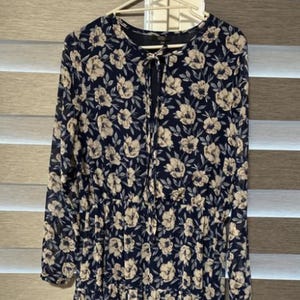 Elegant Navy Floral Long Sleeve Bohemian Maxi Dress Size S/M